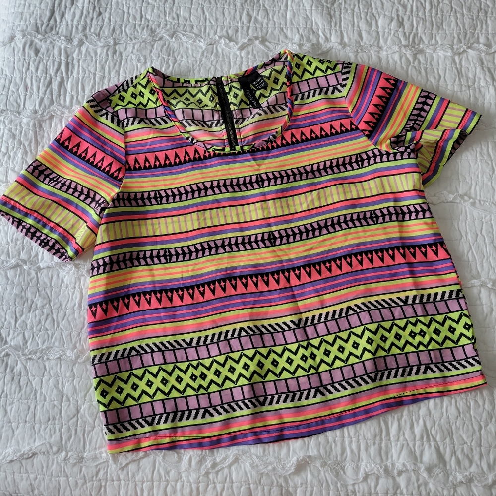 Fun & Flirt Neon Geometric Crop Blouse Large 80s Retro Colorful Top